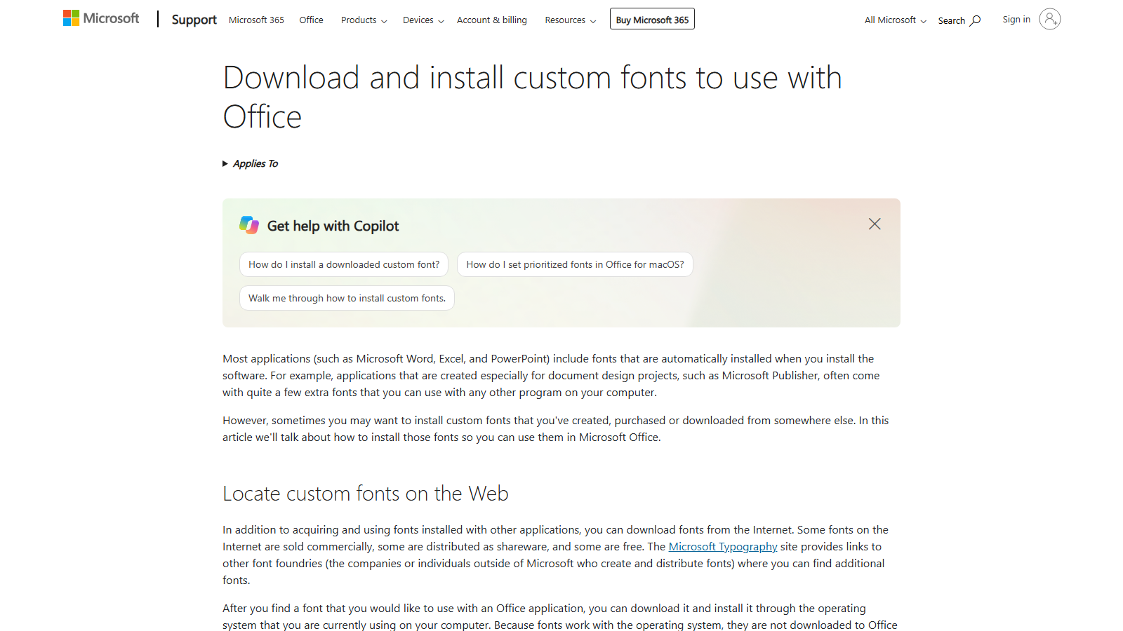 Microsoft Support page explaining how to download and install custom fonts for Office