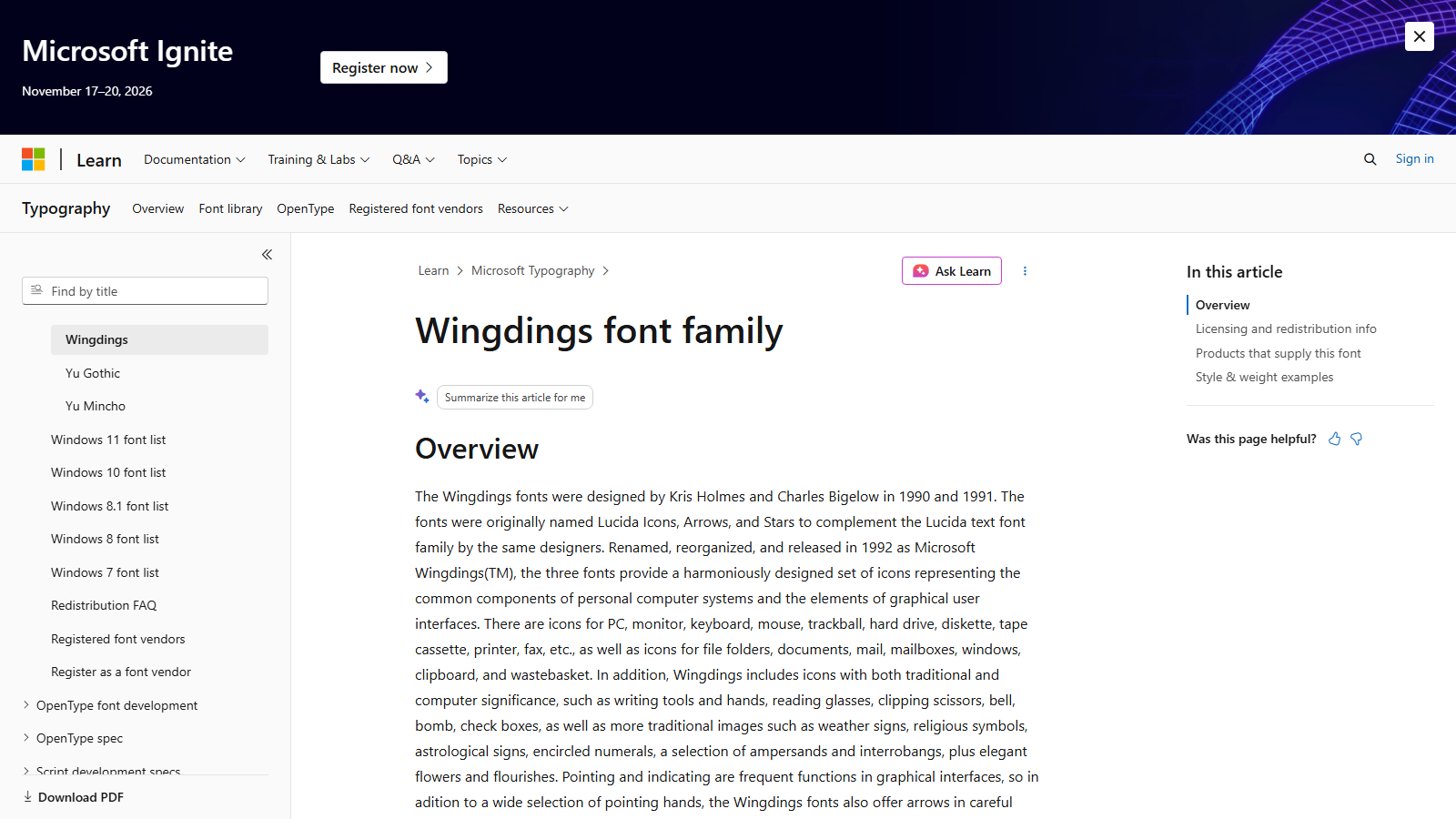 Microsoft Learn Wingdings font family documentation page