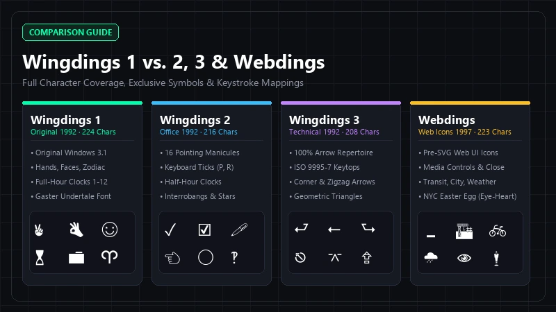 Wingdings 1 vs Wingdings 2, 3 and Webdings character comparison chart