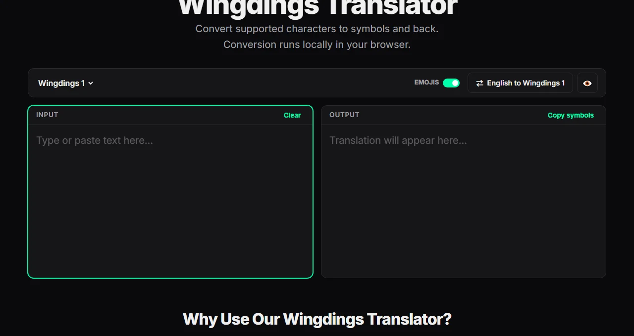Online Wingdings translator tool converting English to symbols